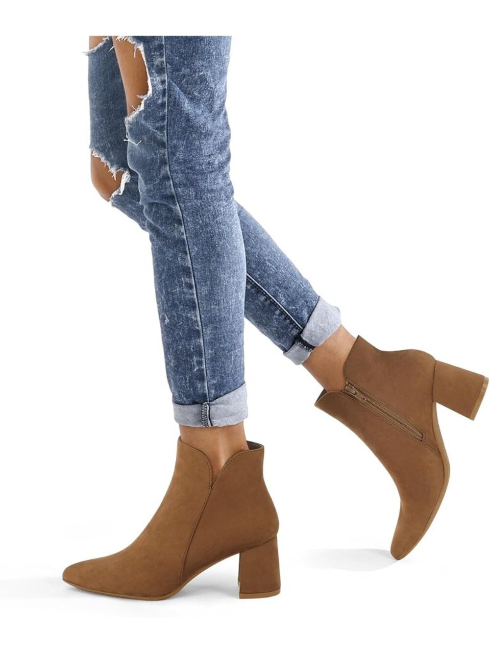 Women's Brown Suede Casual Chunky Block Heel Pointed Toe Side Zipper Ankle Boots - Picture 2 of 6